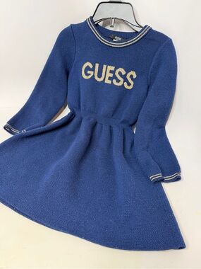 GUESS Navy Blue Knit Logo Dress with Cream Trim